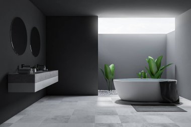 Panoramik büyük banyo iç Gri duvarlar, kiremitli bir zemin ile bir çift lavabo iki yuvarlak aynalar ve bir küvet. 3D render alay