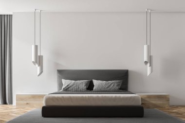 Lüks yatak odası iç beyaz duvarlar, ahşap zemin, panoramik pencerelere ve gri çift kişilik yatak ile. 3D render alay