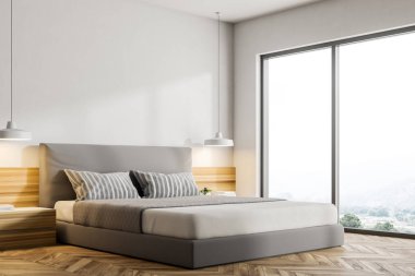 Beyaz duvarları, ahşap bir zemin, bir çift kişilik yatak ve iki başucu masa lambaları ile modern bir yatak odası köşesinde. Çatı penceresi bir manzara ile. 3D render alay