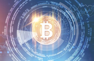 Bitcoin mavi arka plan üzerinde parlayan sürükleyici arabirimine karşılık hologramıdır. Merhaba teknoloji ve yenilik iletişim küresel dünya kavramı. Çift tonlu görüntü pozlaması