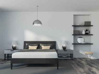 Beyaz duvarları, ahşap bir zemin, bir çift kişilik yatak ve bir kitaplık modern bir yatak odası iç. Önden görünüm. 3D render alay