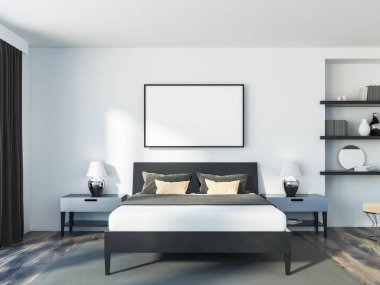 Beyaz duvarları, ahşap bir zemin, bir çift kişilik yatak ve bir kitaplık modern bir yatak odası iç. Yatay poster çerçevesi yatağın üstünde. 3D render alay