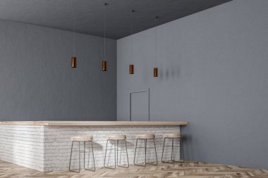 Gri duvarlar, ahşap zemin ve tavan lambaları bir satır ile bir modern restoran köşede dışkı olan çubuk. 3D render alay