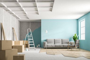 Mavi salon iç yenileme işlemi sırasında gri bir kanepe ile. Bitmemiş kat, kutular ve köşedeki bir merdiven. 3D render alay