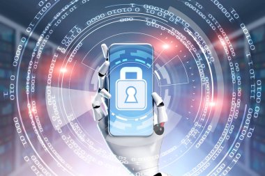 Robot el a mavi perde smartphone bir asma kilit, sıfırlar ve birler çevreler ile tutarak beyaz. Sürükleyici arabirimi. Siber güvenlik ve AI kavramı. Çift tonlu görüntü pozlaması