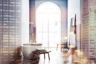 Zarif beyaz küvet lüks bir banyo ile gri duvarlar ve altıgen karo zemin ayakta. Bir ayna rafta. Bir kadın. 3D render bulanık görüntü çift pozlama tonda