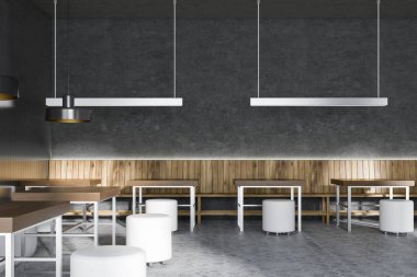 Gri ve ahşap duvarlar, kiremitli kat, kare ahşap masa ve beyaz yuvarlak sandalye ile minimalist Restoran iç. 3D render alay
