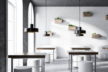 Beyaz duvarları, kemerli pencereler, kare ahşap masa ve beyaz ile rahat kafe iç sandalye yuvarlak. 3D render alay