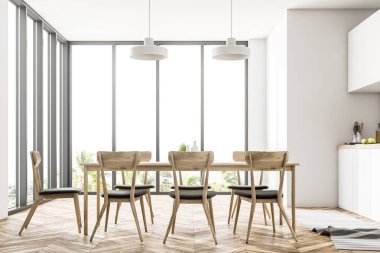 Yemek odası ve mutfak iç beyaz duvarlar, ahşap zemin, sandalye ve beyaz mutfak tezgahı uzun bir tabloyla. Panoramik pencerelere. 3D render alay