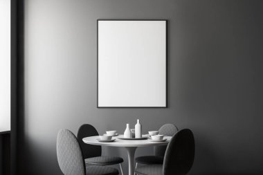 Modern yemek odası iç Gri duvarlar, gri sandalye ile bir yuvarlak masa ve poster çerçevesi kadar dikey sahte. 3D render
