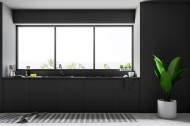 Siyah mutfak tezgahı saksılı bir bitki ile bir beton zemin mutfakta tropik manzaralı bir penceresi altında. 3D render alay