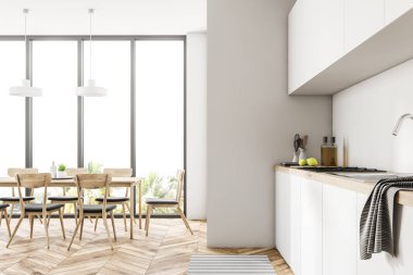 Yemek odası ve mutfak iç beyaz duvarlar, ahşap zemin, sandalye ve ön planda beyaz mutfak tezgahı uzun bir tabloyla. 3D render alay