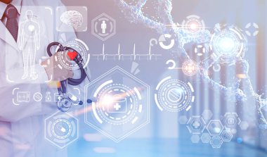 Tanınmayan doktor ile ayakta bir hastane lobi kollarında geçti. Parlayan bir sürükleyici arabirimi ile ön planda tıbbi kutsal kişilerin resmi. Tıp geleceği kavramı. Çift tonlu görüntü pozlaması