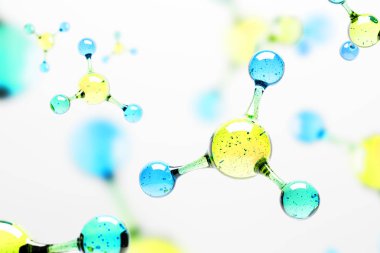 Mavi ve sarı molekül atom ızgara beyaz arka plan üzerinde. Bilim, Dna, biyoteknoloji kavramı. 3d render alay kadar bulanık