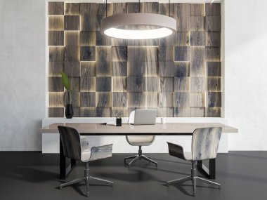 Beyaz duvarları, orijinal ahşap duvar lambaları, bir masa ve iki misafir sandalyesi müdür ofis iç. 3D render alay