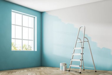Boş oda köşe büyük bir pencere, ahşap zemin ve bir buçuk mavi duvar boyalı. Bir merdiven ve teneke boya. 3D render alay