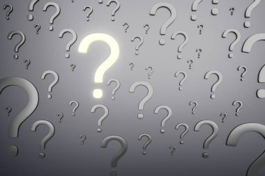 Gri arka plan üzerinde gri soru işaretleri arasında parlayan soru işareti. Doğru soruyu soran kavramı. 3D render alay