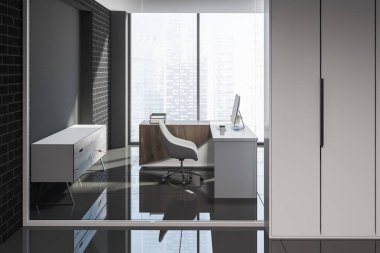 Minimalist Ofis iç siyah tuğla duvarlar, gri karo zemin, bilgisayar masası ve uzun boylu beyaz dolap lobide. 3D render alay