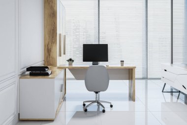 Beyaz duvarları, uzun ahşap dolap ve beyaz bir sandalye ile bir bilgisayar masa müdür ofis iç. Çatı penceresi. 3D render alay