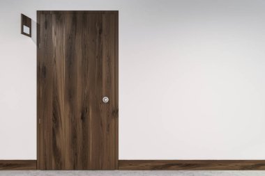 İşaretli bir kapı yakınında beyaz bir duvar ahşap kapı kapalı. Bir otel ya da bir iş merkezi iç. 3D render alay