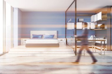 İşadamı kompakt ev ofis iç koyu mavi ve ahşap duvarlar ve bir yatak odasında bilgisayar masası. Serbest çalışma kavramı. 3D render sahte tonlu görüntü bulanık