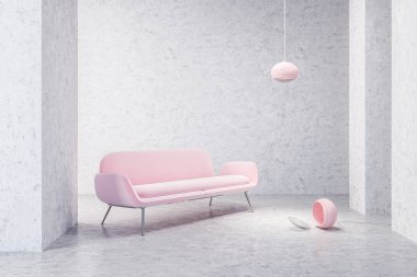 Pastel pembe kanepe ayakta şık tavan lambası ile boş bir beton odada. Yerde yatarken bir lamba. Sanatsal bir atmosfer. 3D render alay
