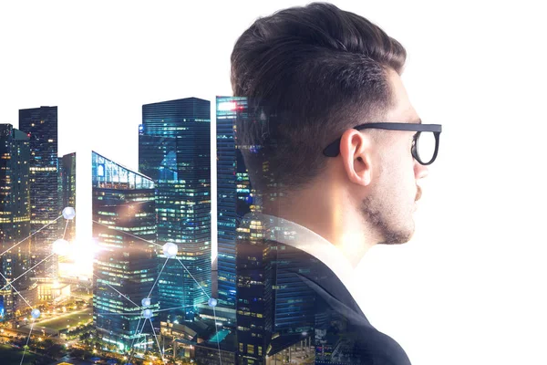 Side View Young Businessman Wearing Suit Glasses Night Cityscape Network — Stock Photo, Image