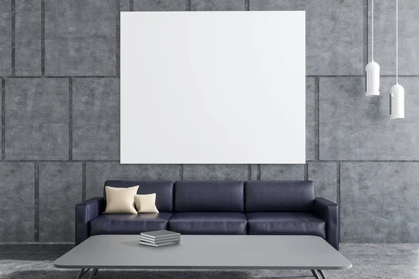 现代客厅内部有灰色的墙壁 Conccrete 的地板和一个黑色的沙发 一张横向的海报和一个茶几 渲染模拟 — 图库照片