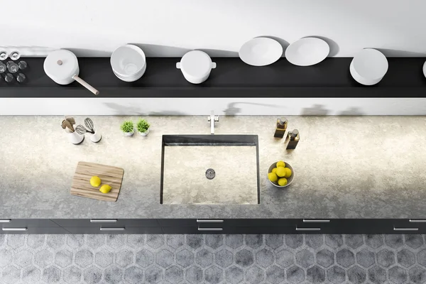 Pop View White Wall Kitchen Black Countertops Sink Shelf Plates — Stock Photo, Image