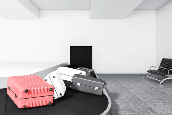 Gray, white and pink suitcases on airport conveyor belt in a white wall room with white walls and a concrete floor. 3d rendering mock up