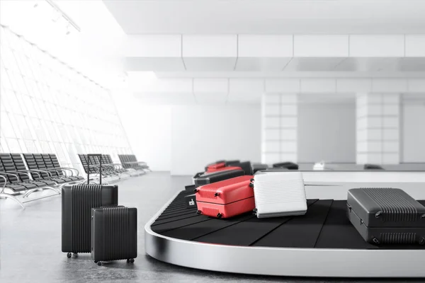 Gray, white and pink suitcases on airport conveyor belt in a white wall room with benches near the window. 3d rendering mock up