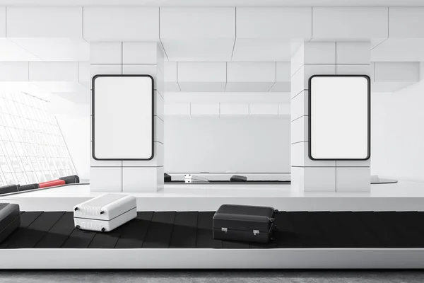 Gray, white and pink suitcases on airport conveyor belt in a white wall room with two posters on the wall. 3d rendering mock up