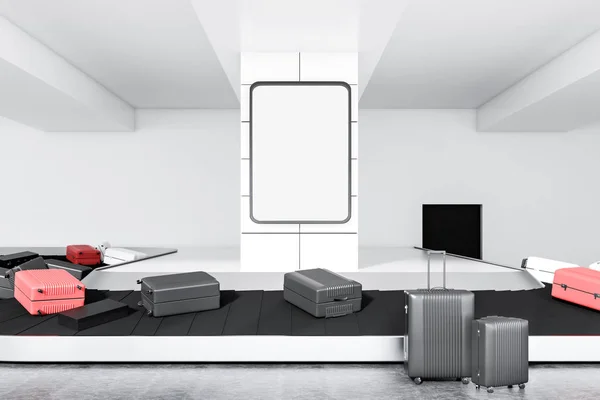 Gray, white and pink suitcases on airport conveyor belt in a white wall room with a poster on the wall. 3d rendering mock up