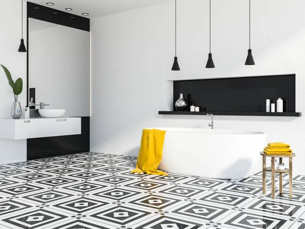 Stylish bathroom corner with white and black walls, tiled floor, a white bathtub and sink. A black shelf with shampoo and creams and a large mirror. 3d rendering mock up