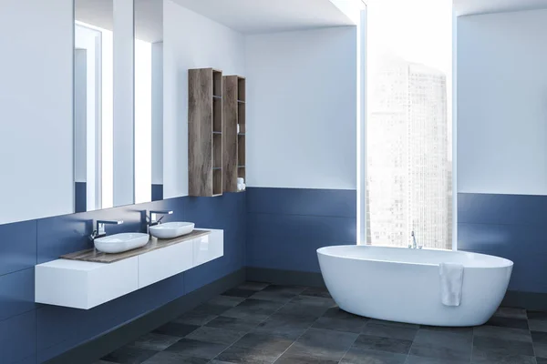 Modern Bathroom Corner White Blue Walls Tiled Floor White Bathtub — Stock Photo, Image