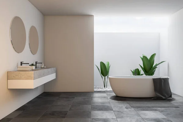 Panoramic View Large Bathroom Interior White Walls Tiled Floor Double — Stock Photo, Image