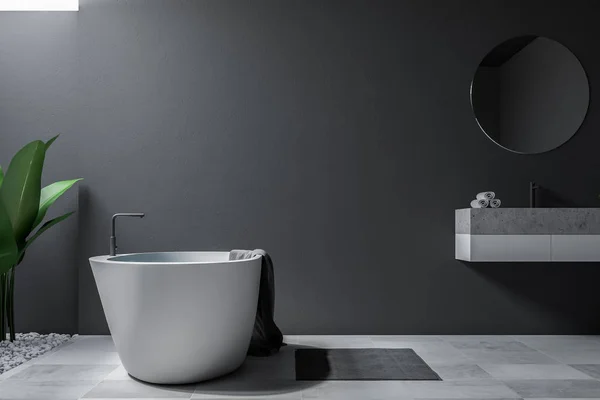 Large Bathroom Interior Grey Walls Tiled Floor Sink Mirror Bathtub — Stock Photo, Image