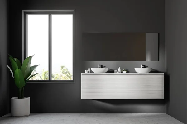 Double Bathroom Sink Standing White Wooden Countertop Long Mirror Hanging — Stock Photo, Image