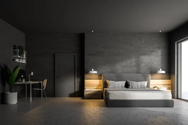 Interior Modern Bedroom Gray Walls Concrete Floor Double Bed Home — Stock Photo, Image