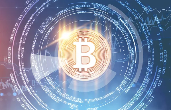 파란색 빛나는 인터페이스에 Bitcoin의 홀로그램 안녕하세요 글로벌 이미지 — 스톡 사진