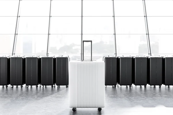 Row Black Suitcases Standing Panoramic Window Airport Concrete Floor White — Stock Photo, Image
