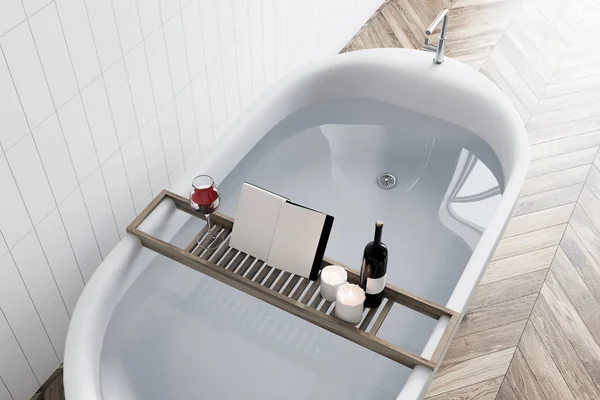 Elegant White Bathtub Filled Water Standing Luxury Bathroom Interior White — Stock Photo, Image