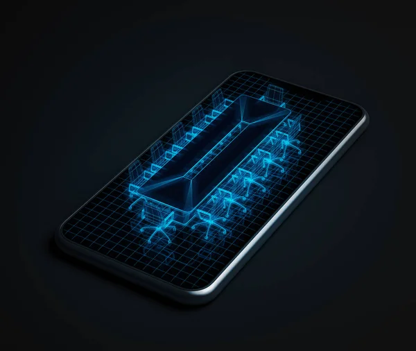 Glowing blue hologram of a meeting room table on a black smartphone screen. Black background. Concept of innovation and hi tech in business. 3d rendering mock up