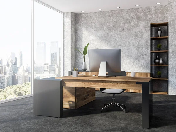 Concrete Walls Office Workplace Corner Loft Windows Wooden Table Computer — Stock Photo, Image