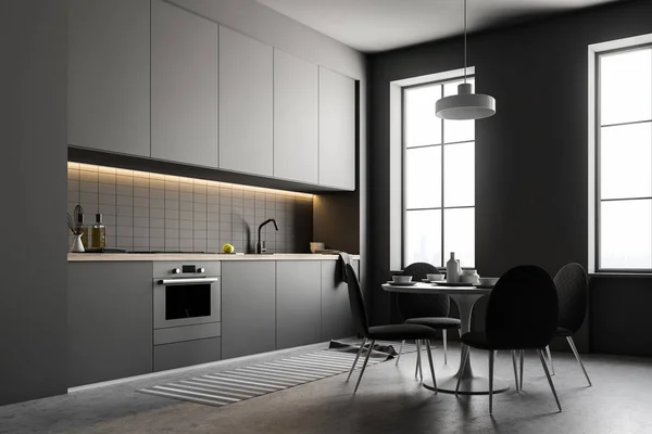 时尚的厨房内饰 白色的墙壁 混凝土地板和灰色台面和衣柜 带有椅子侧面视图的桌子 渲染模拟 — 图库照片