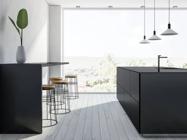 Panoramatické Kuchyň Interiér Bílou Dřevěnou Podlahou Černý Čítače Bar Stolice — Stock fotografie