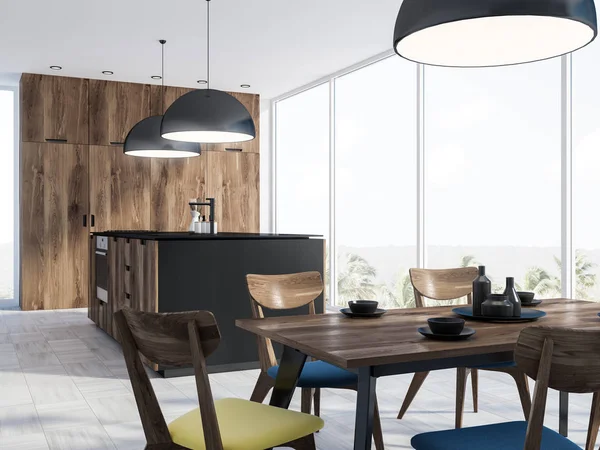 Panoramatické Kuchyň Interiér Betonovou Podlahu Stůl Židlemi Dřevěné Černé Čítače — Stock fotografie