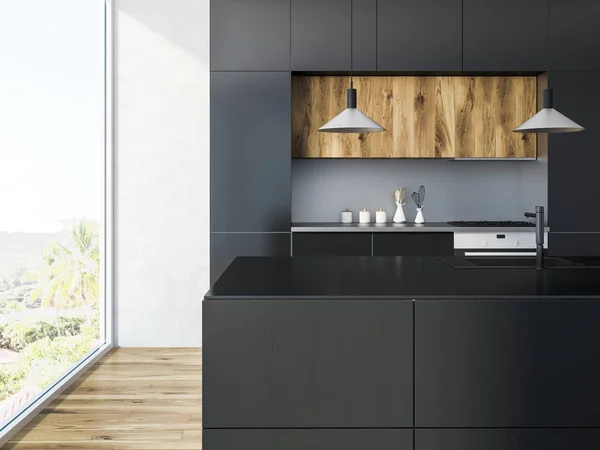 Loft Küche Mit Weißen Wänden Einem Holzboden Und Schwarzen Arbeitsplatten — Stockfoto