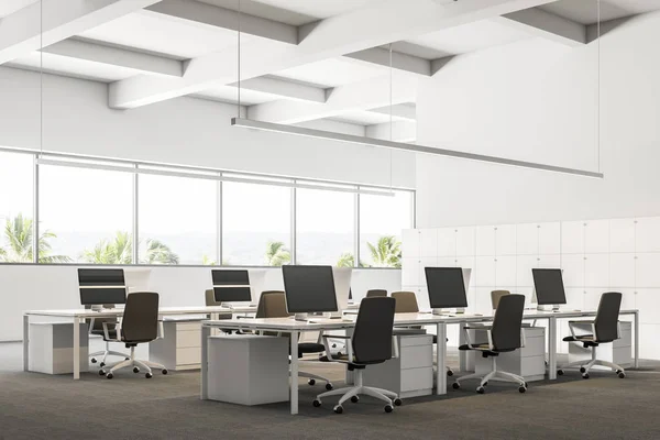 Company Office Interior Gray Carpet Rows White Computer Desks Industrial — Stock Photo, Image