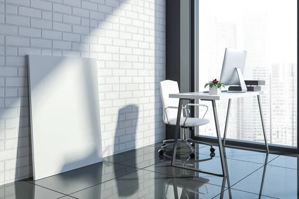 Manager Office Corner White Brick Walls Gray Floor Wooden Computer — Stock Photo, Image